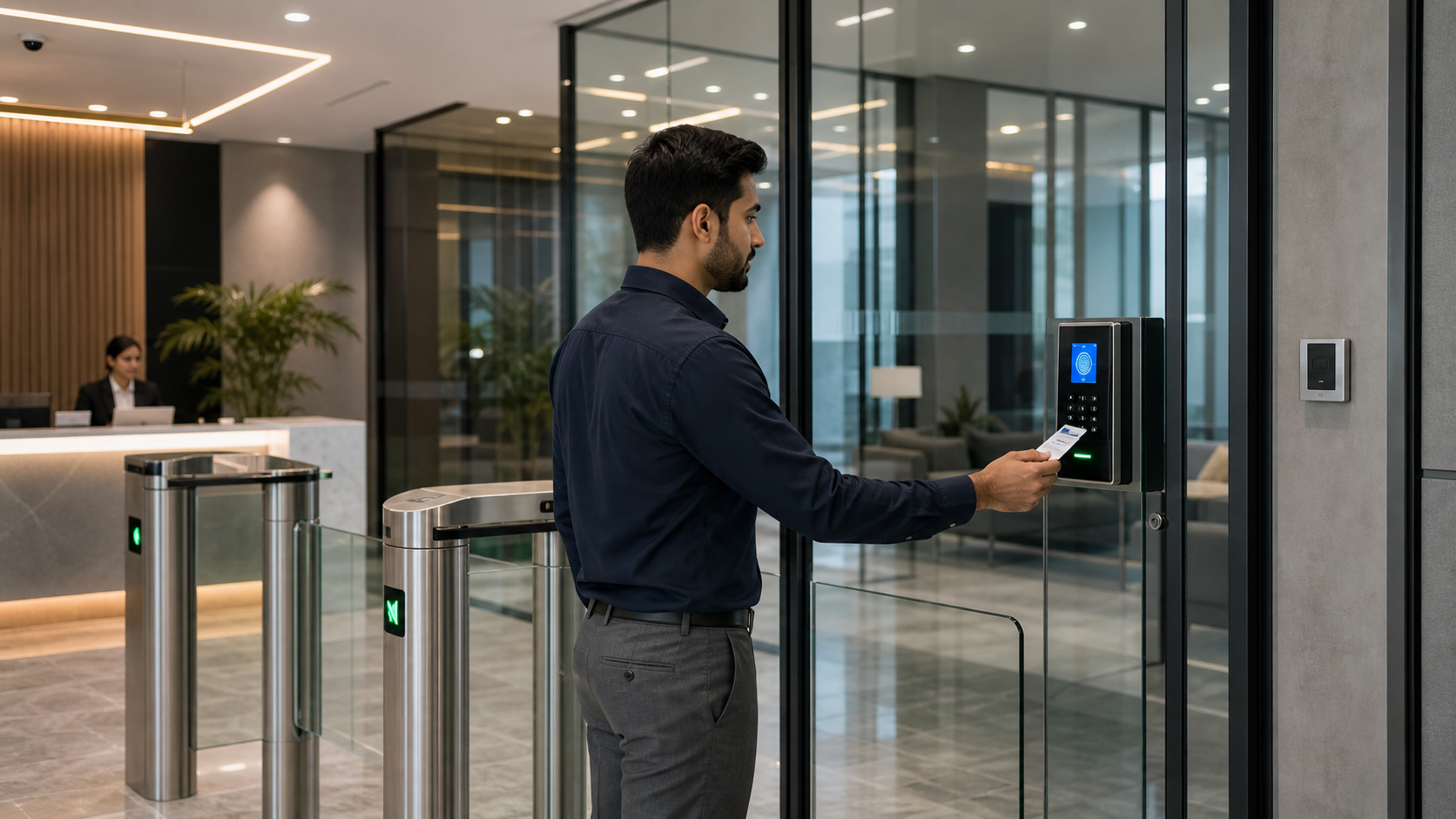 Access control card reader at a secure office entrance