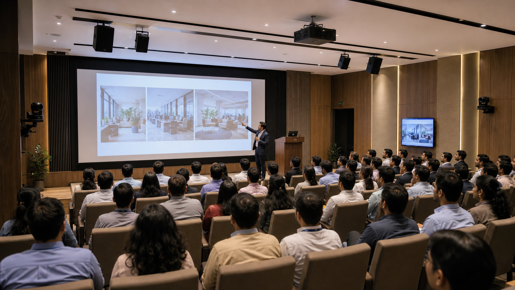 Corporate town hall session with audience watching a projected presentation